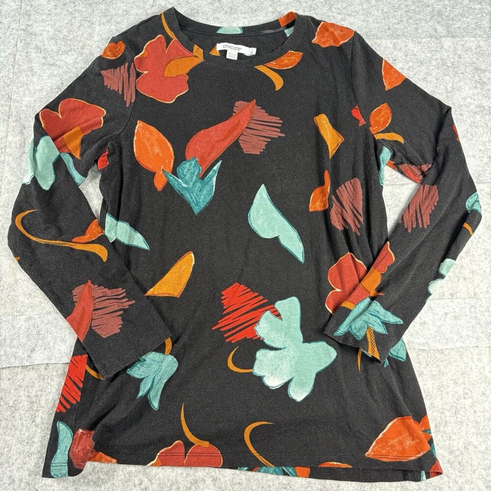 Vintage Chicos Womens M / Size 1 Black Orange Teal Floral Long Sleeve Top Rayon